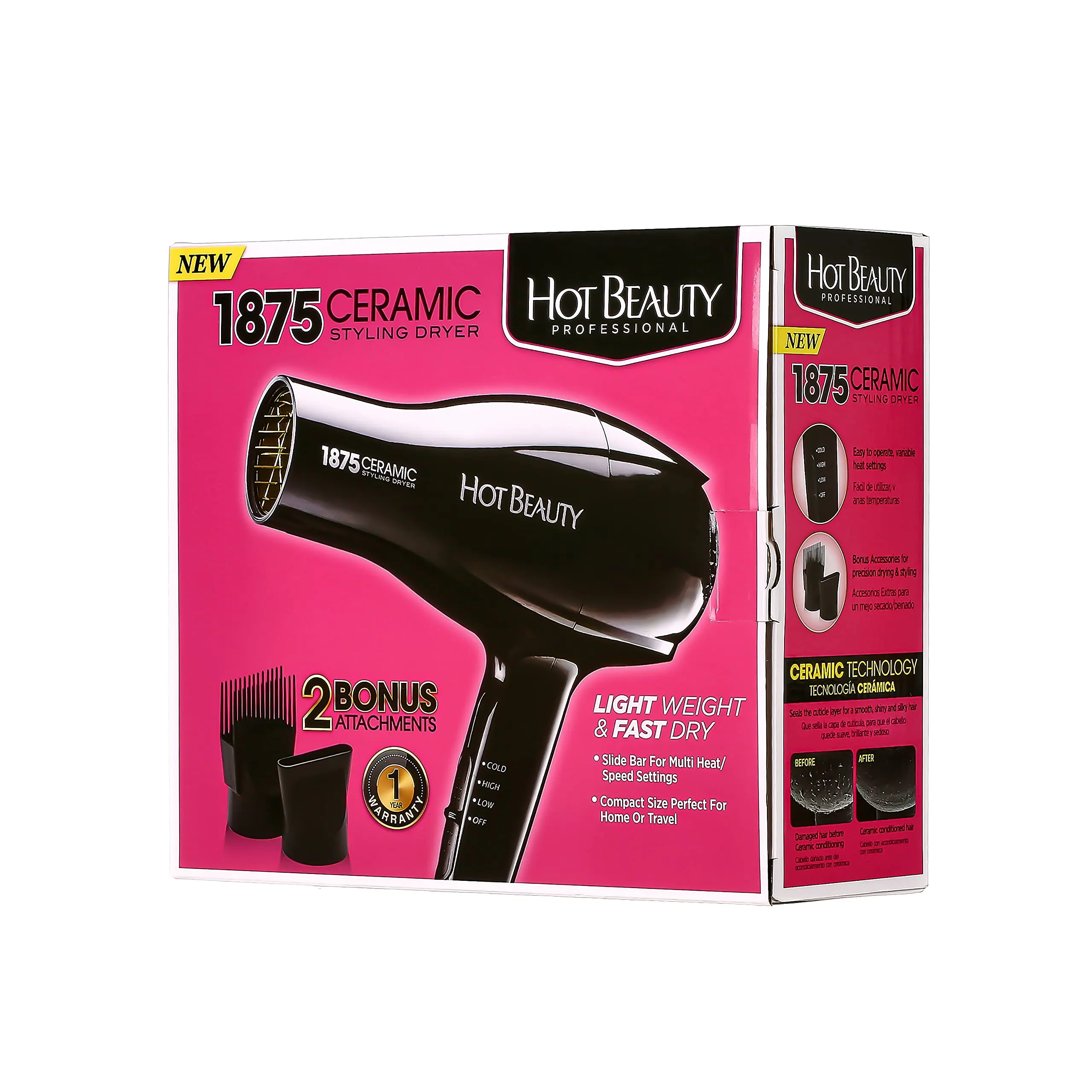 1875W Ceramic Hair Dryer with 2 Attachments Adjustable Heat & Speed Settings