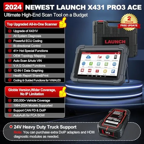 2024 LAUNCH X431 PRO3 ACE Elite Bidirectional Scan Tool with DBSCar VII Connector,HD Truck Scan,OEM Topology Map,Online Coding & 50  Reset for All Cars,CAN FD & DoIP,FCA AutoAuth,2-Year Free Update