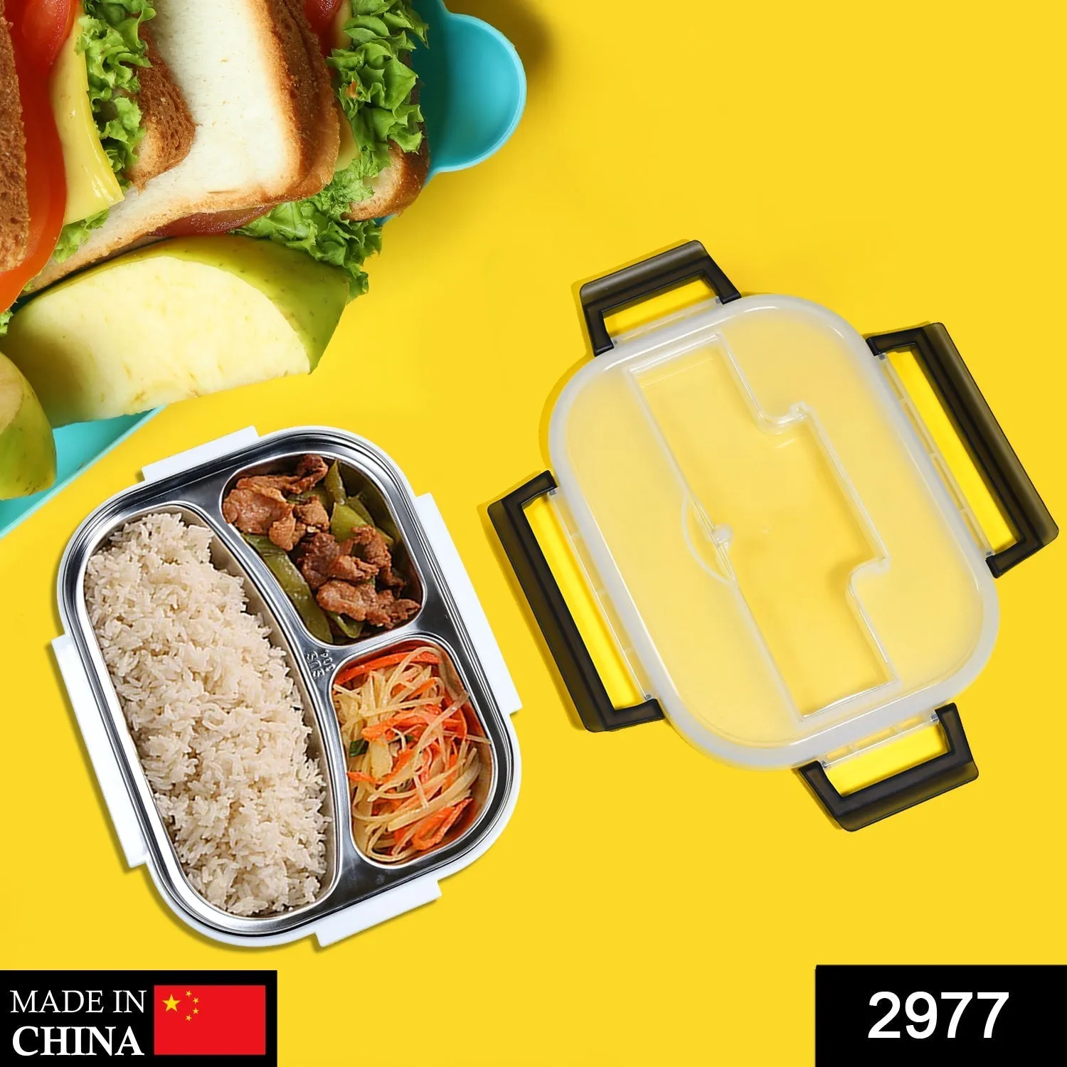 2977 Lunch Box for Kids and adults, Stainless Steel Lunch Box with 3 Compartments With spoon slot.