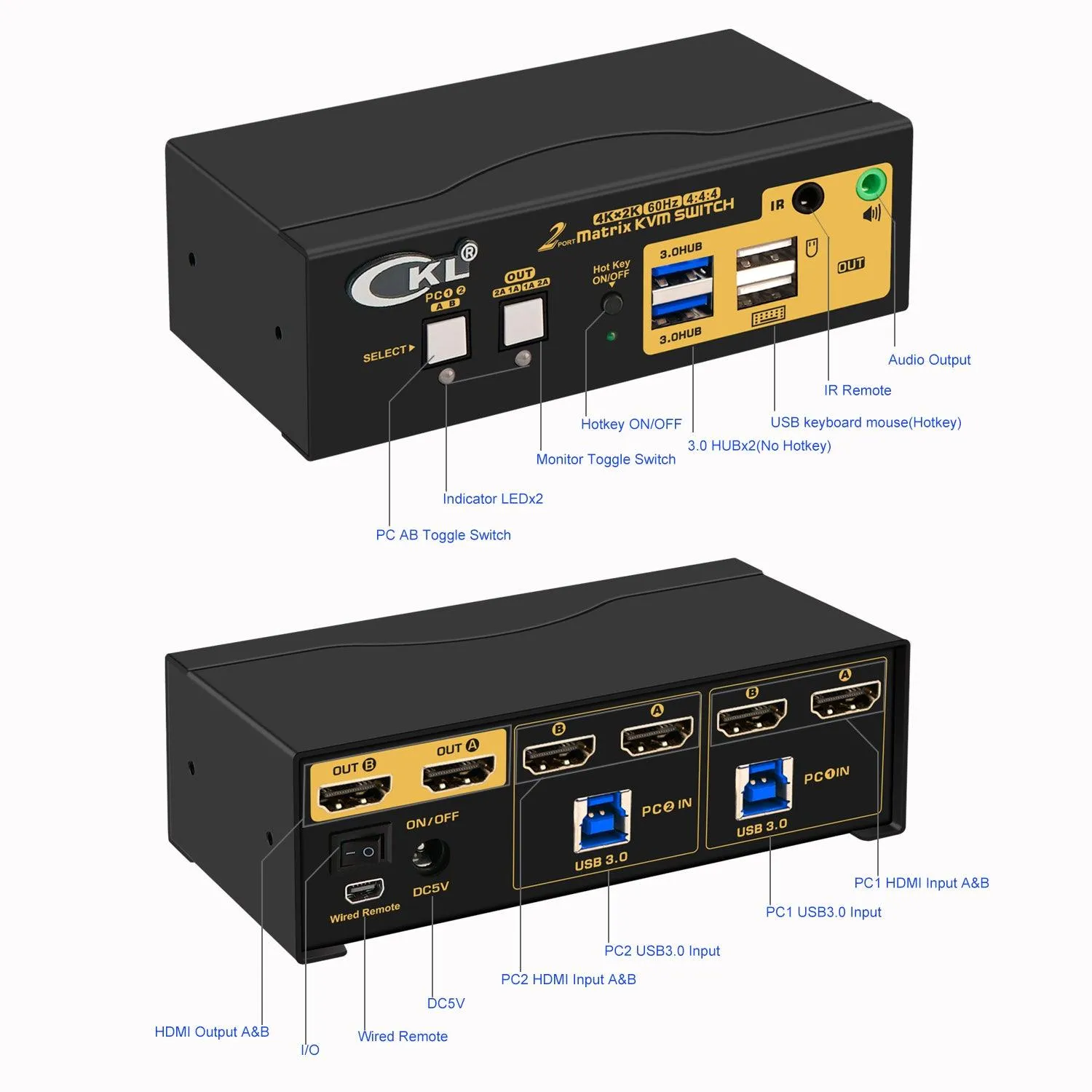 2x2 USB 3.0 Matrix KVM Switch Dual Monitor HDMI 2.0 4K 60Hz CKL-922HUA-M