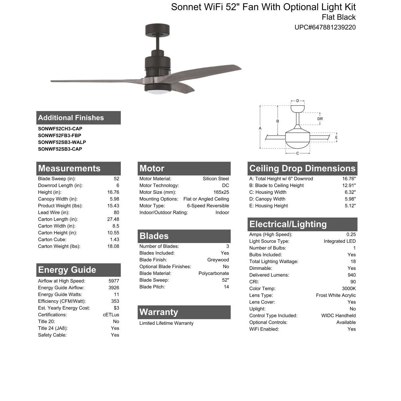 52" Sonnet WiFi in Flat Black w/ Greywood Blades