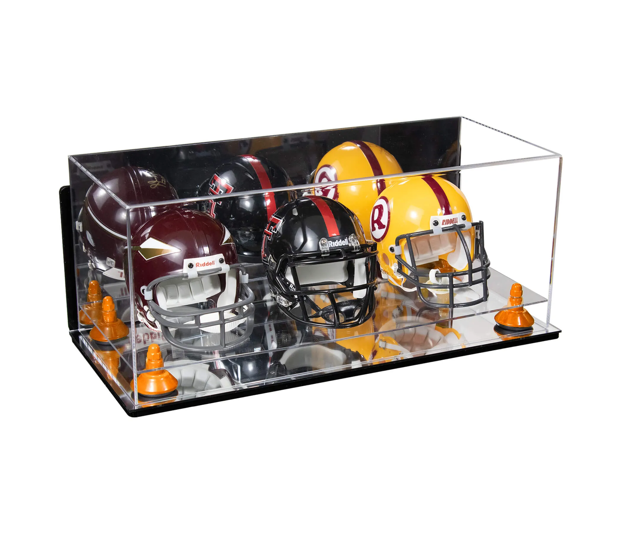 Acrylic Three Mini - Miniature Football Helmet (not Full Size) Display Case - Mirror Wall Mount (V47/A103)