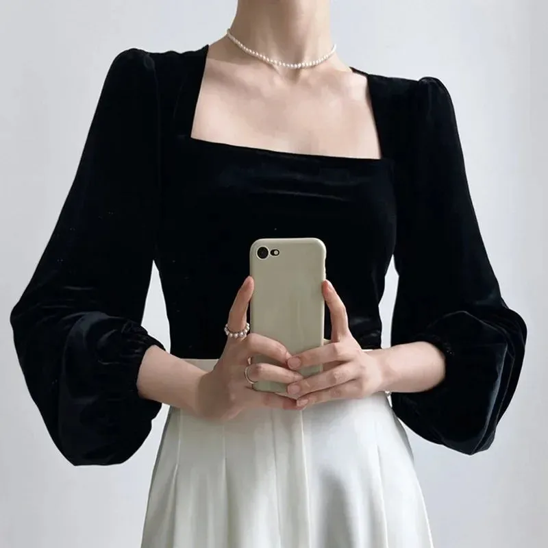 Amozae-Blacksquare Collar Women's Inner Spring Autumn/winter New Base Puff Sleeve French Style Sexy Off-shoulder Pleuch Top Outer Wear