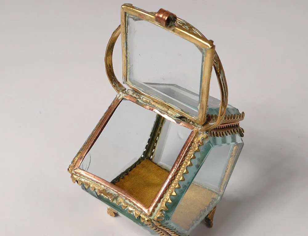 Antique Basket Beveled Glass Rare Jewelry Box