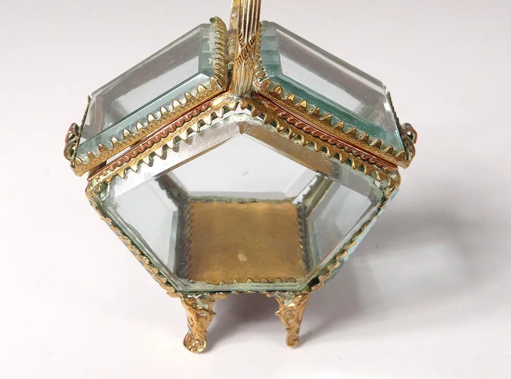 Antique Basket Beveled Glass Rare Jewelry Box