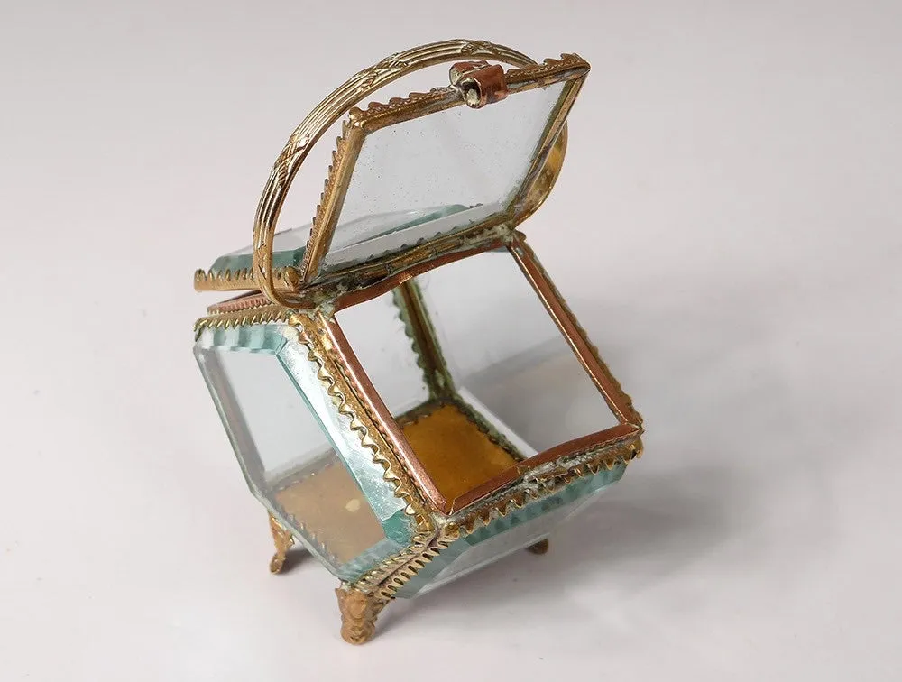 Antique Basket Beveled Glass Rare Jewelry Box