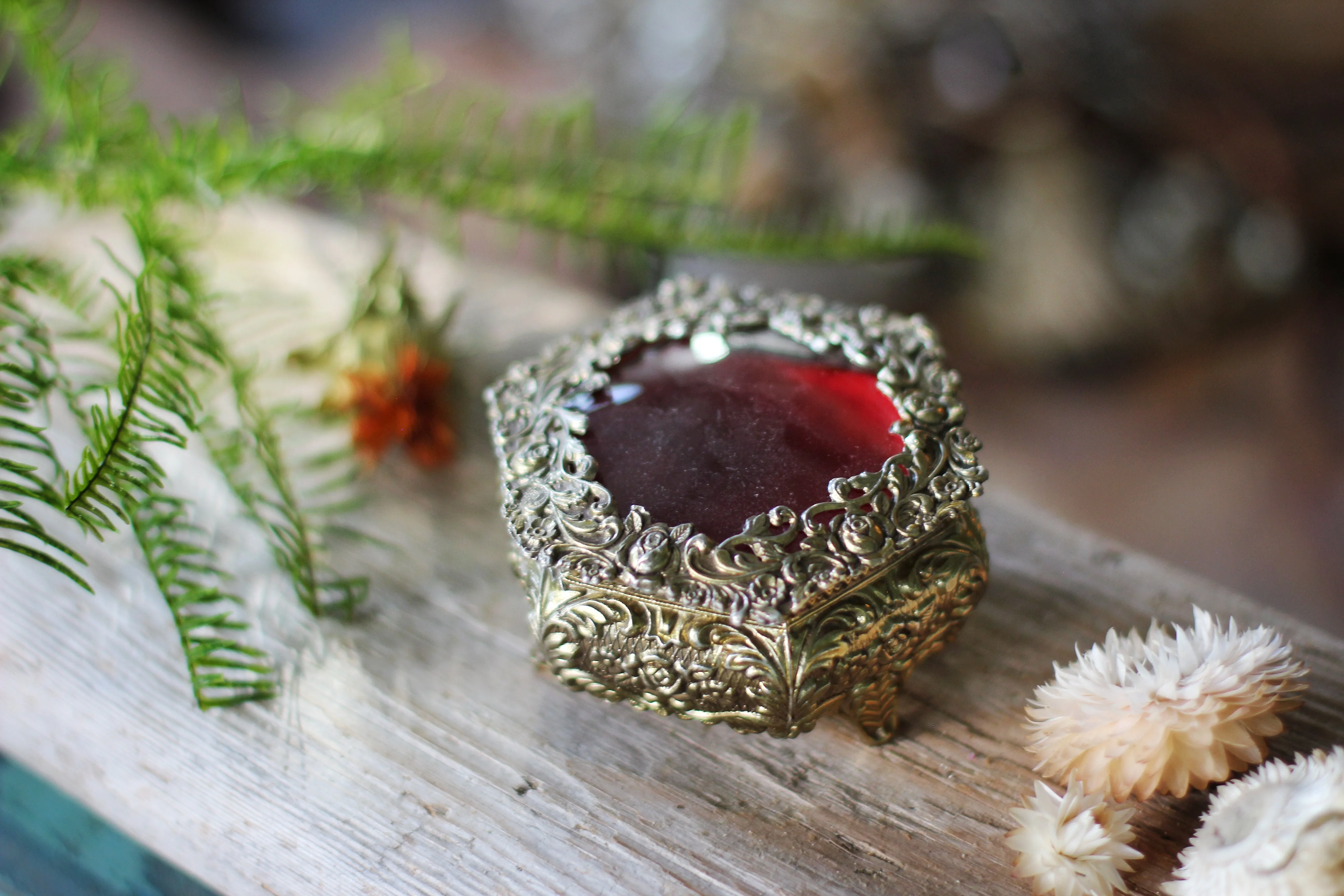 Antique Bronze Glass Red Velvet Jewelry Box