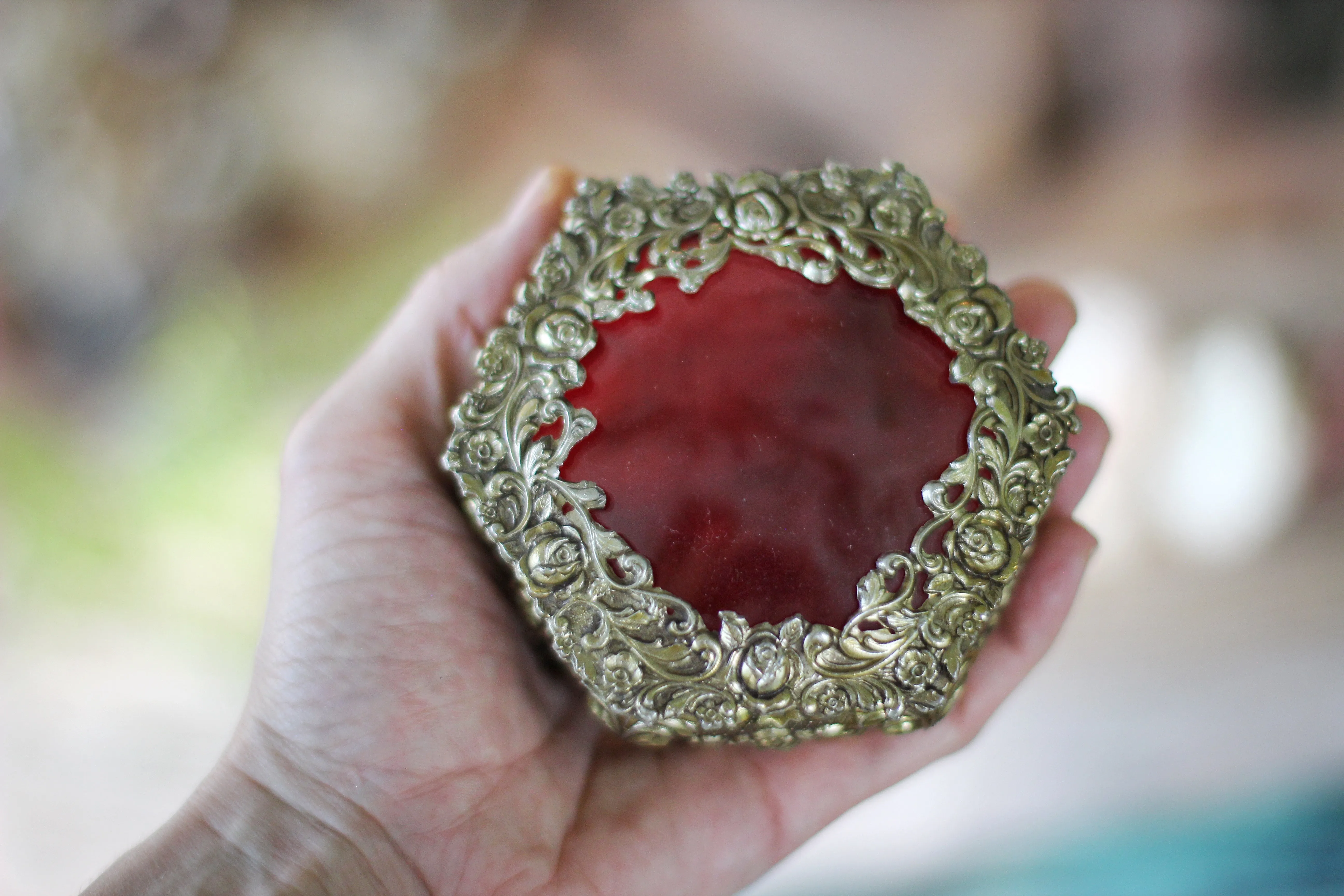 Antique Bronze Glass Red Velvet Jewelry Box