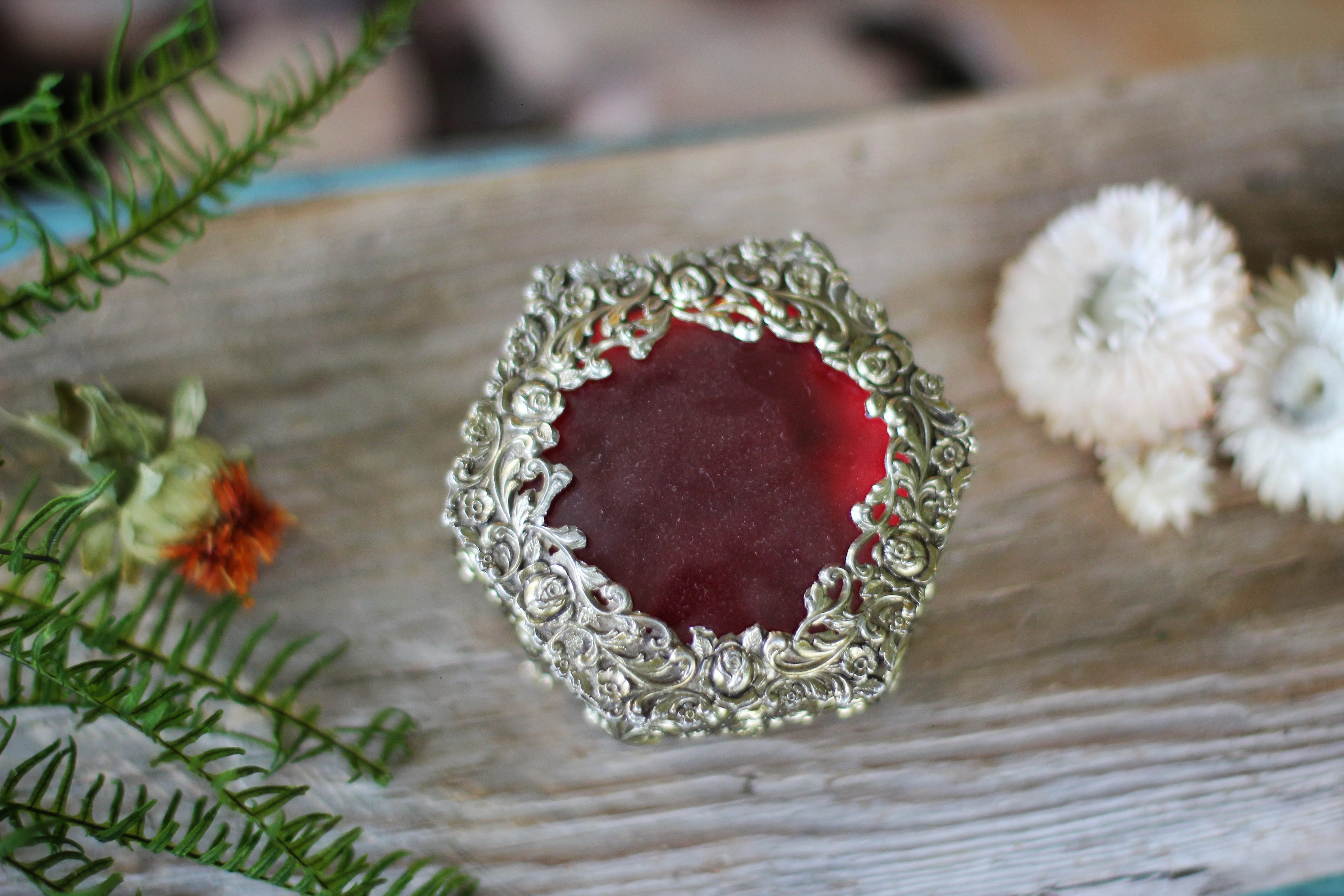 Antique Bronze Glass Red Velvet Jewelry Box