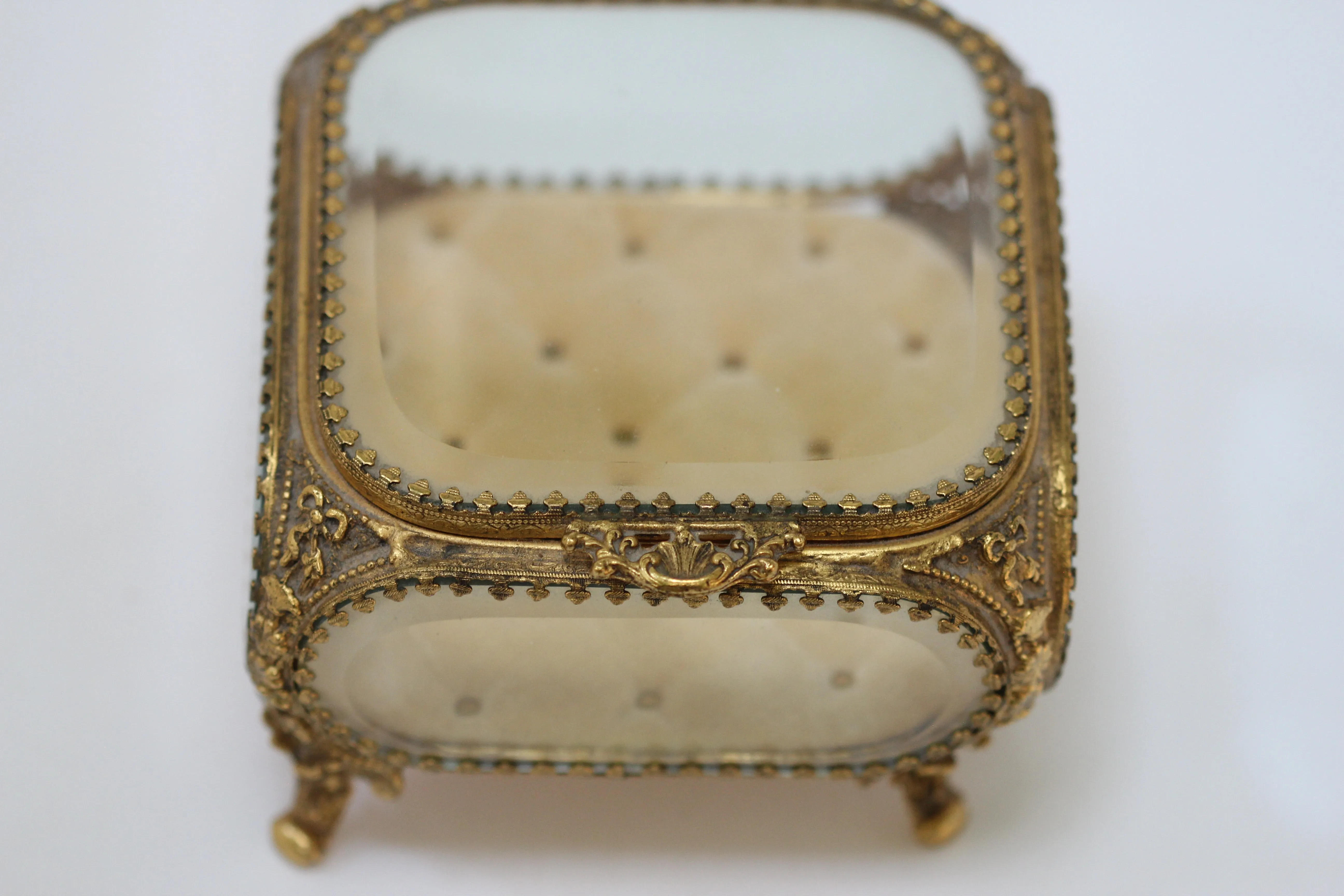 Antique Square Glass Filigree Jewelry Box