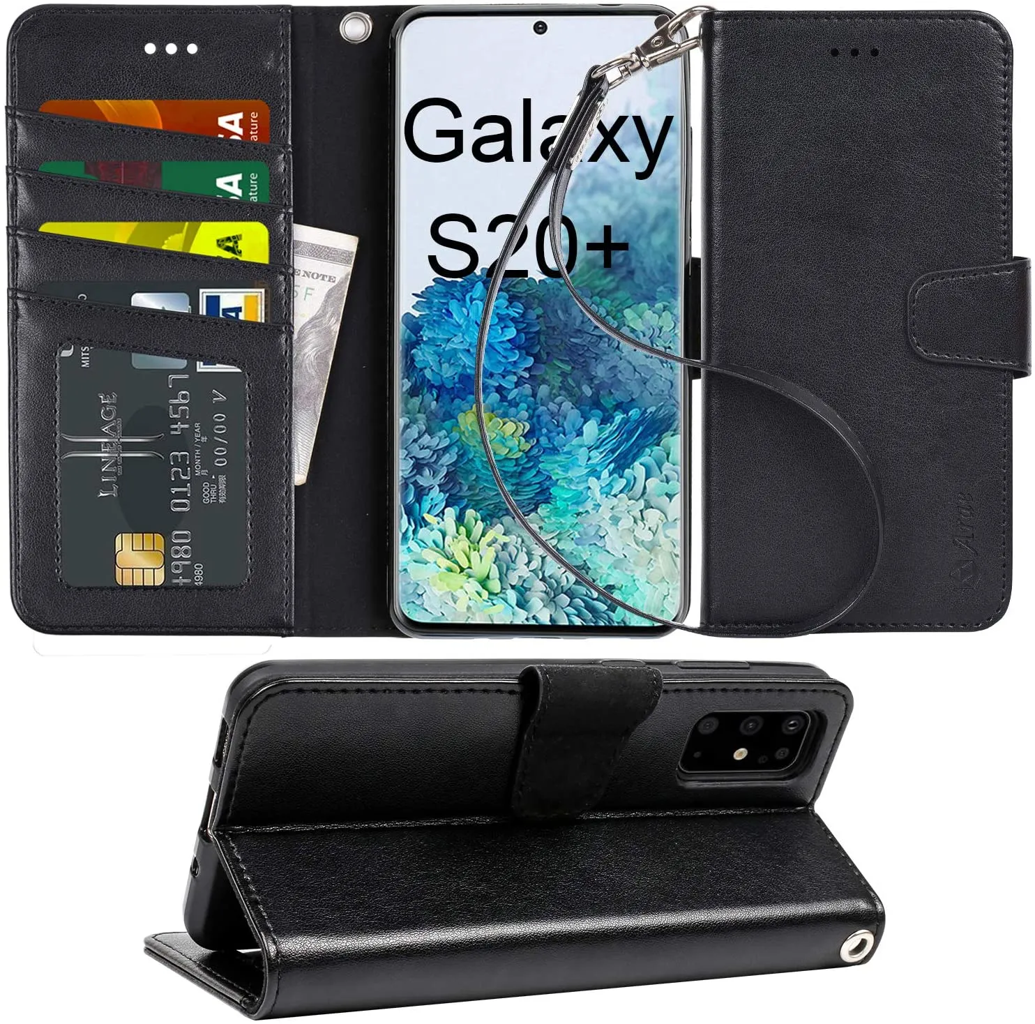 Arae Case for Samsung Galaxy S20  / S20 Plus PU Leather Wallet Case Cover [Stand Feature] with Wrist Strap and [4-Slots] ID&Credit Cards Pocket for Galaxy S20 Plus [not for S20]