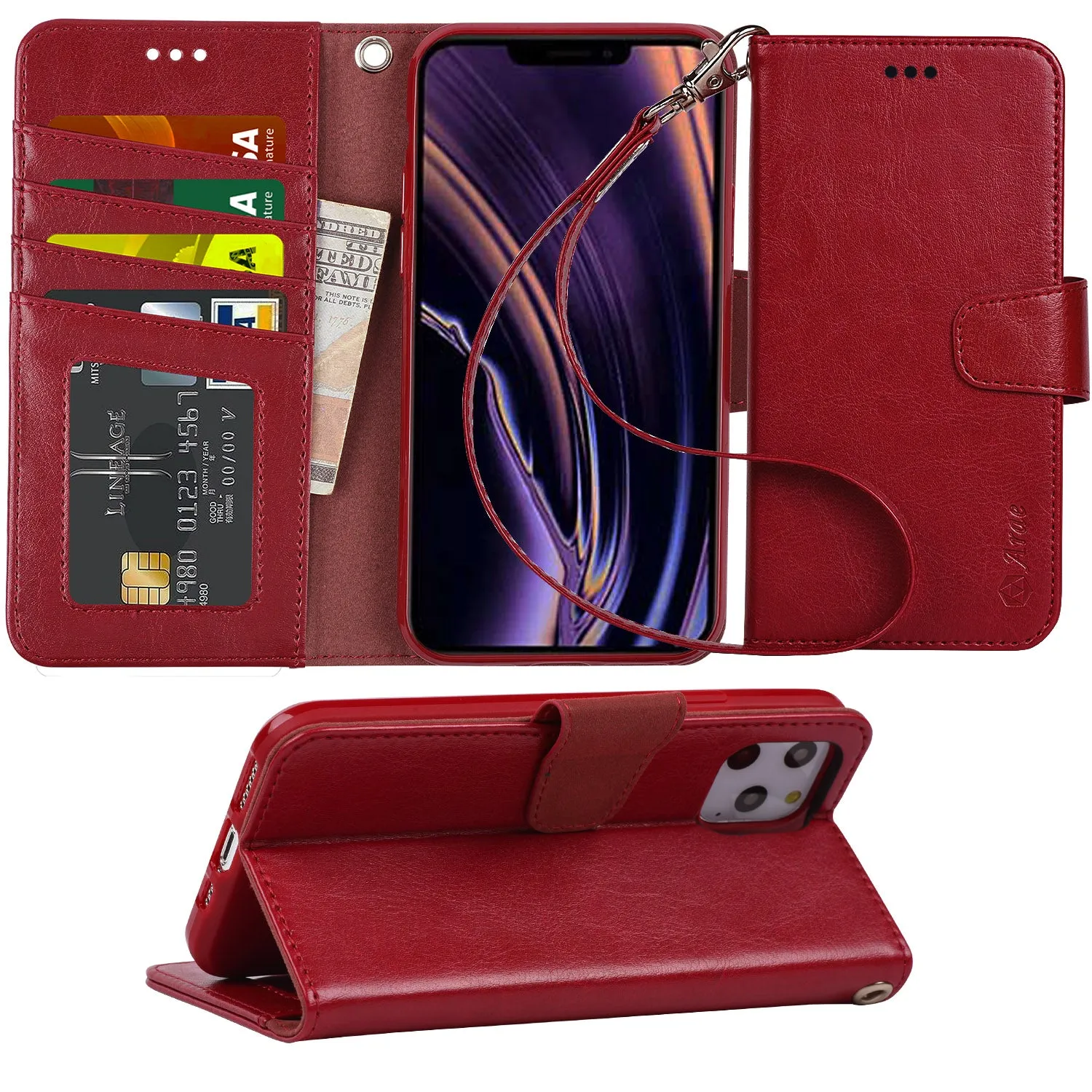 Arae Wallet Case for iPhone 11 Pro with Wrist Strap and Credit Card Holders