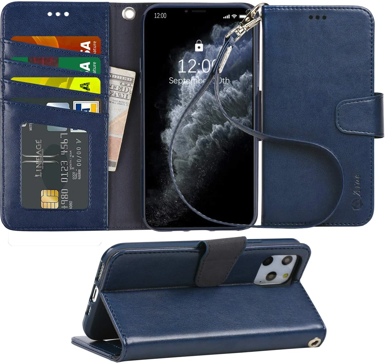 Arae Wallet Case for iPhone 11 Pro with Wrist Strap and Credit Card Holders