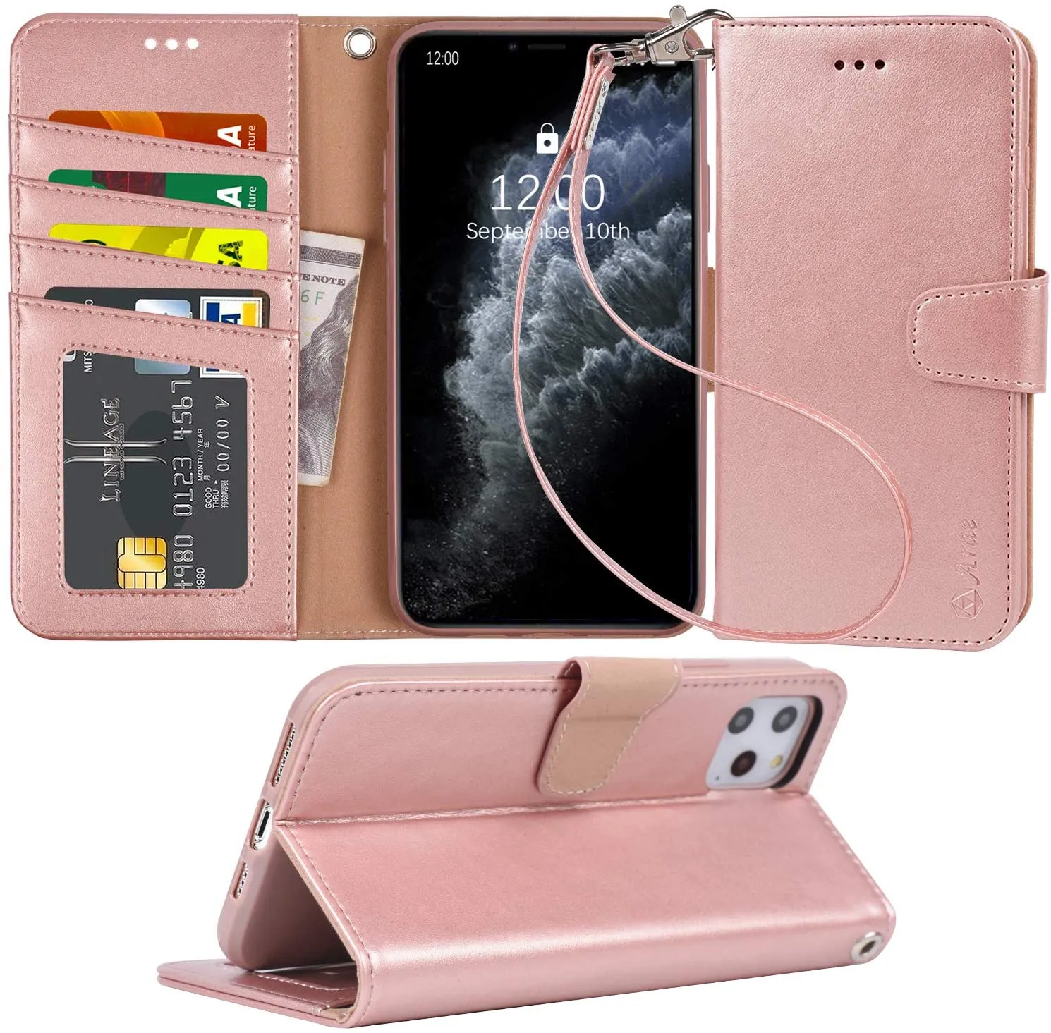 Arae Wallet Case for iPhone 11 Pro with Wrist Strap and Credit Card Holders