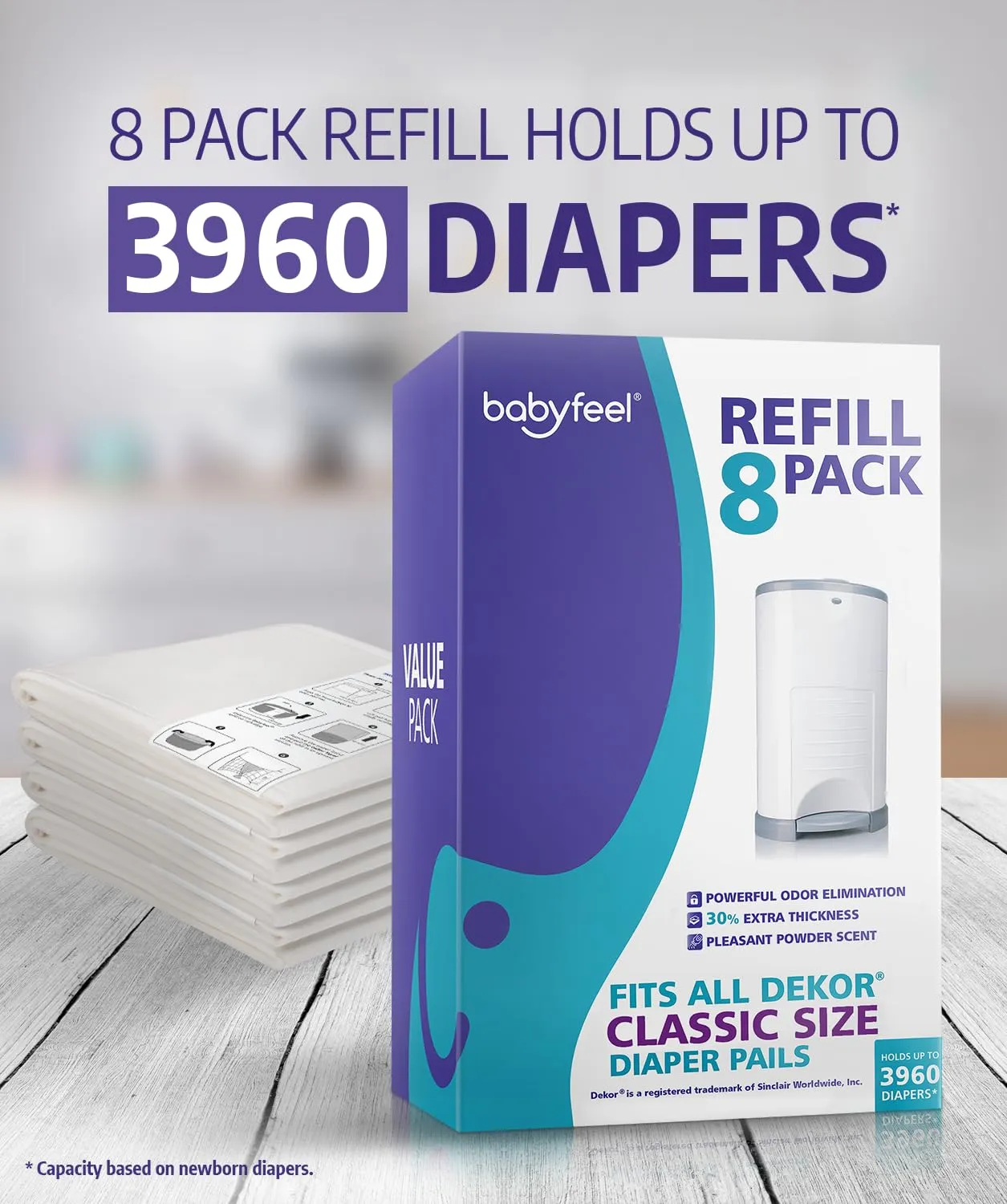 Babyfeel Diaper Pail Refills for Dekor Classic 8 Pack with Powder Scent