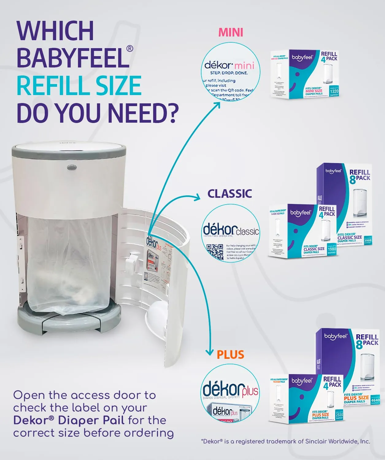 Babyfeel Diaper Pail Refills for Dekor Classic 8 Pack with Powder Scent