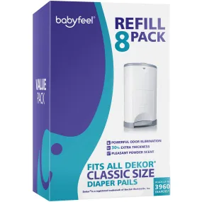 Babyfeel Diaper Pail Refills for Dekor Classic 8 Pack with Powder Scent