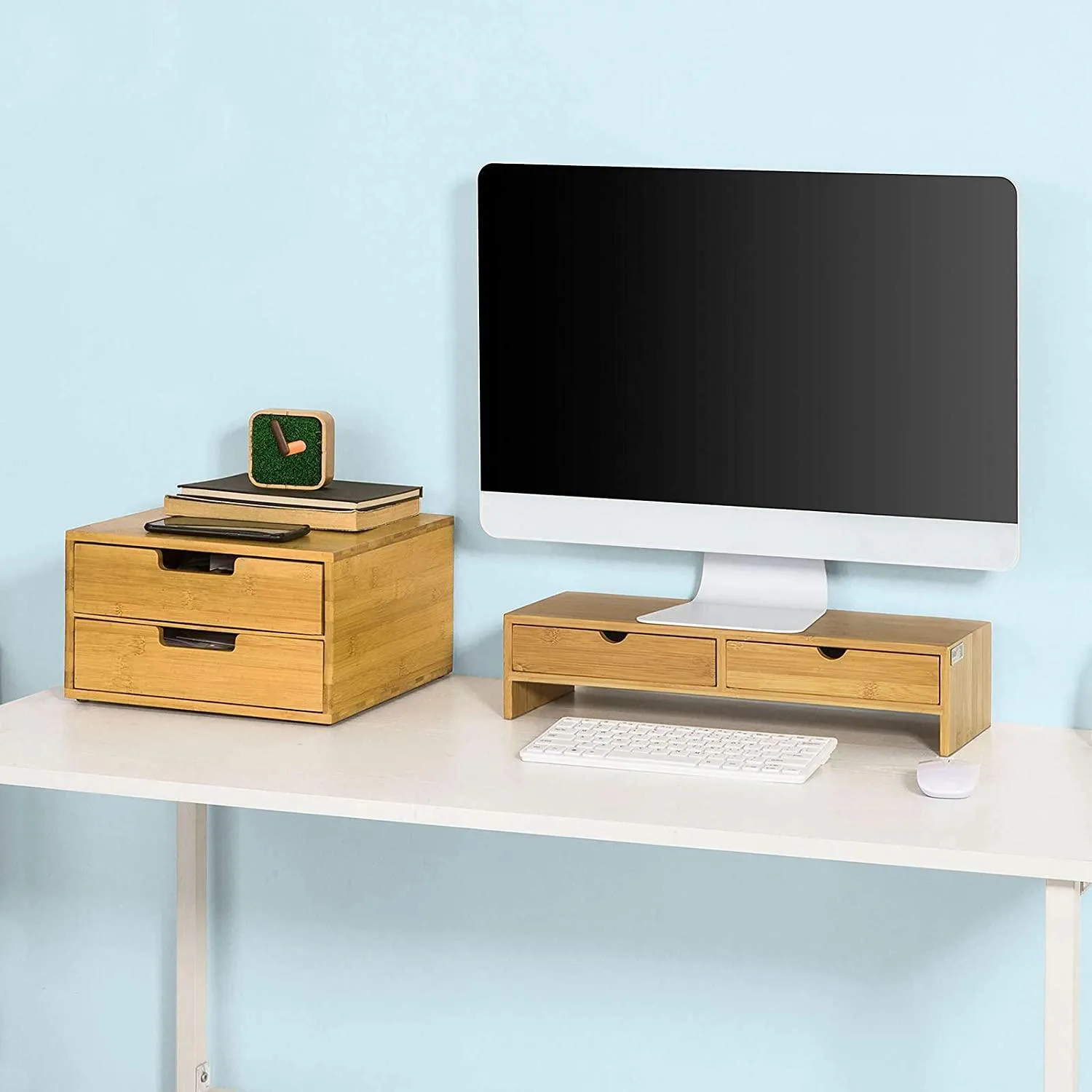 Bamboo Monitor Stand Desk Organizer with 2 Drawers