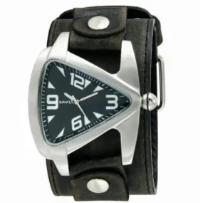 Black Watch with Stitched Wide Leather Watch Bands