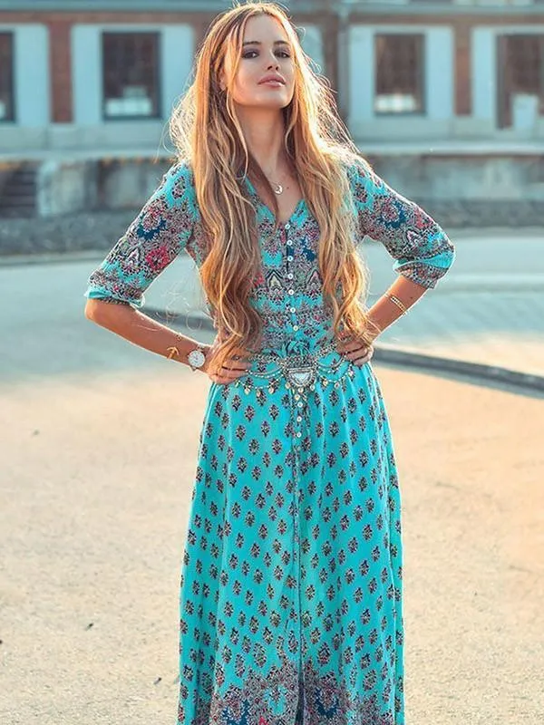 Bohemia Floral V Neck Half Sleeve Front Split Maxi Dress