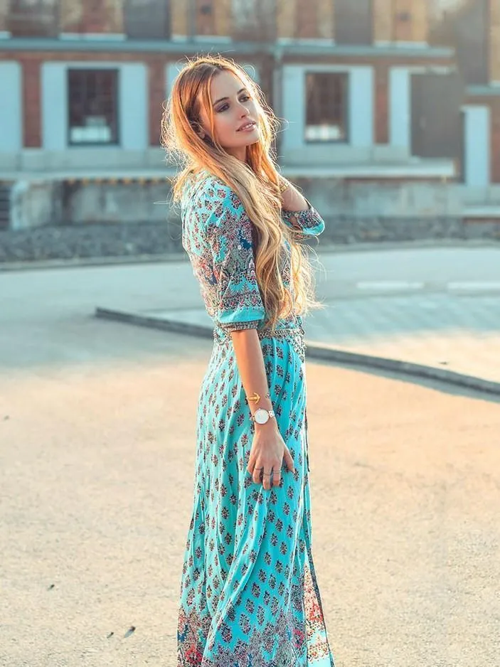 Bohemia Floral V Neck Half Sleeve Front Split Maxi Dress