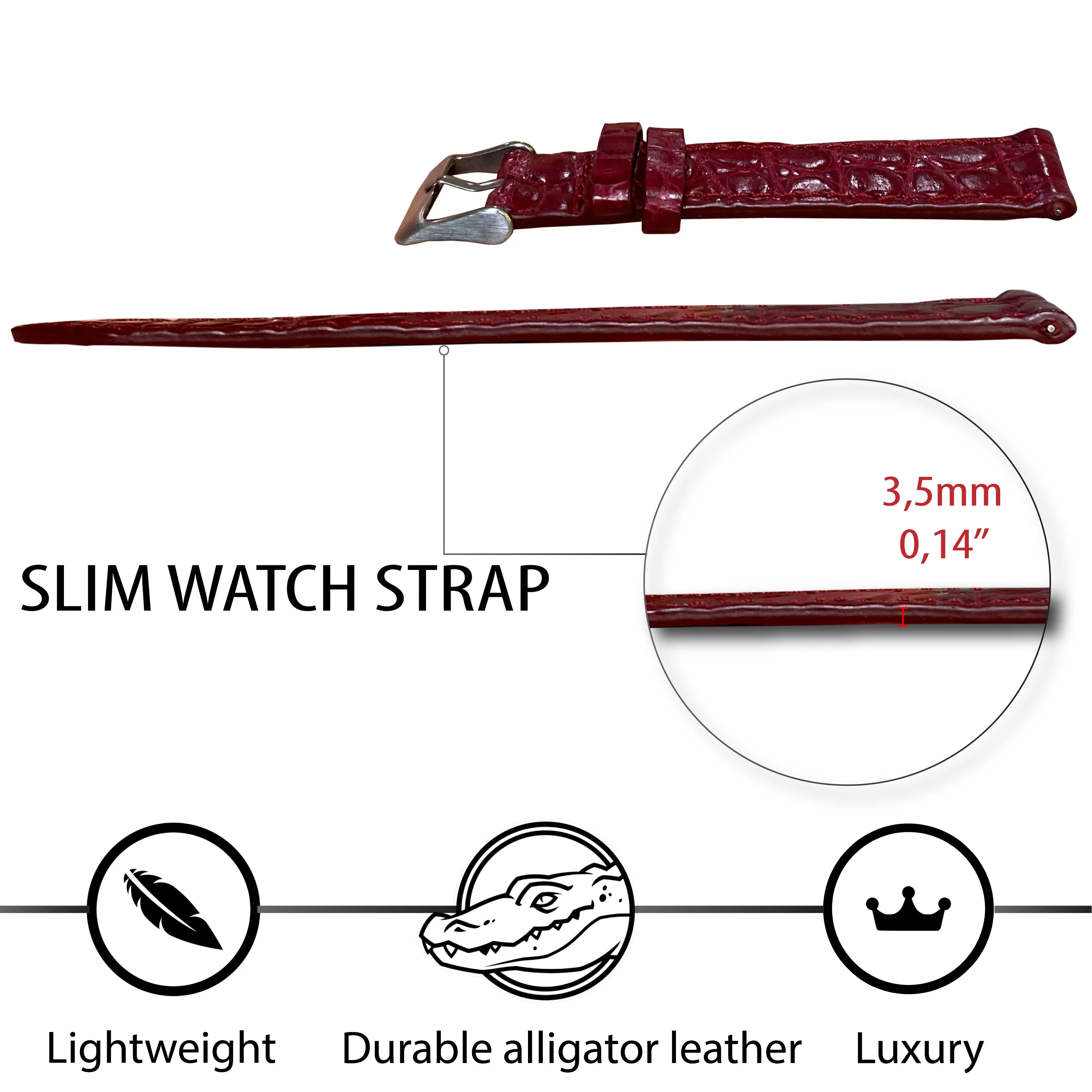 Burgundy Flat Alligator Leather Watch Band Men | No-Padding Crocodile Skin Replacement Watch Strap | DH-27