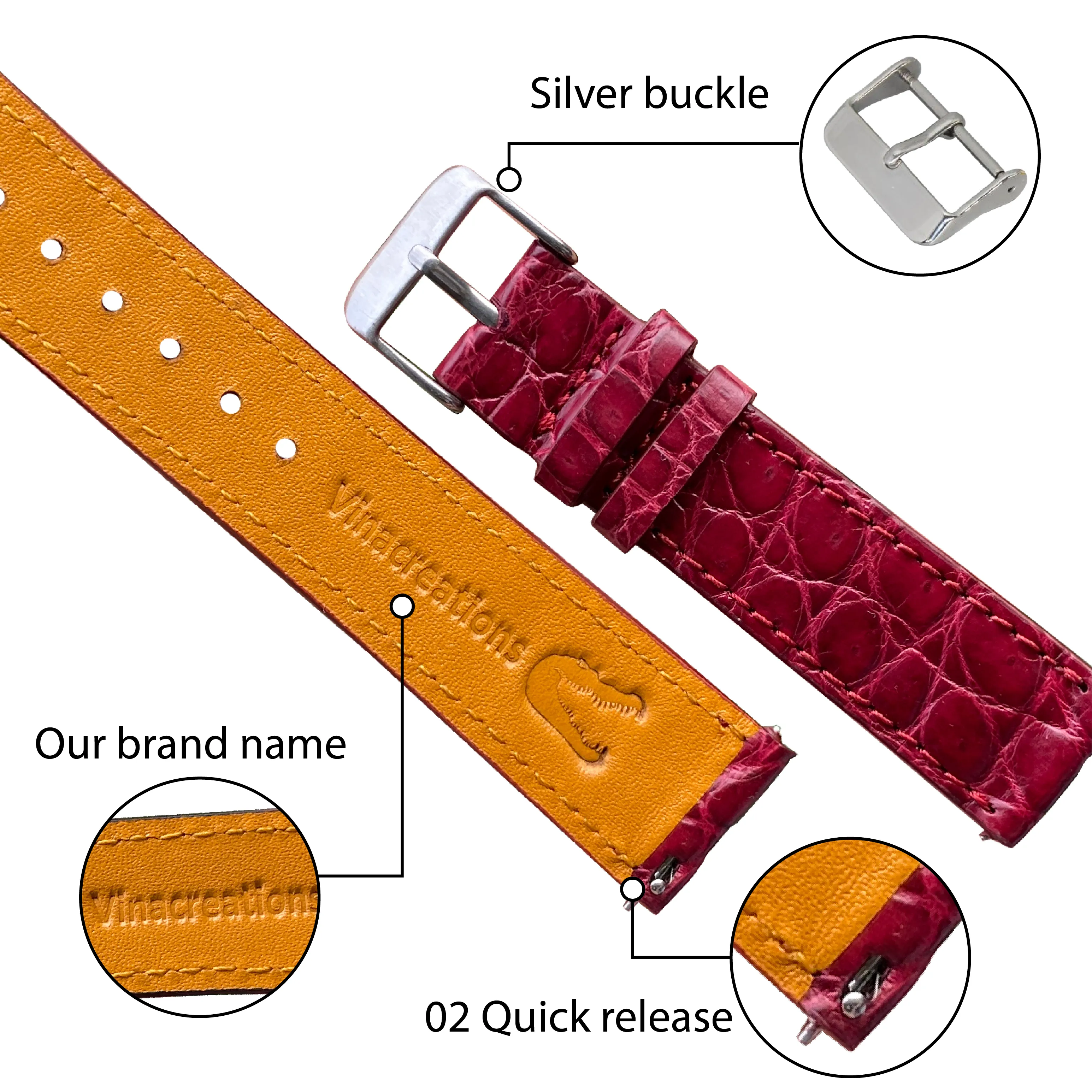 Burgundy Flat Alligator Leather Watch Band Men | No-Padding Crocodile Skin Replacement Watch Strap | DH-27