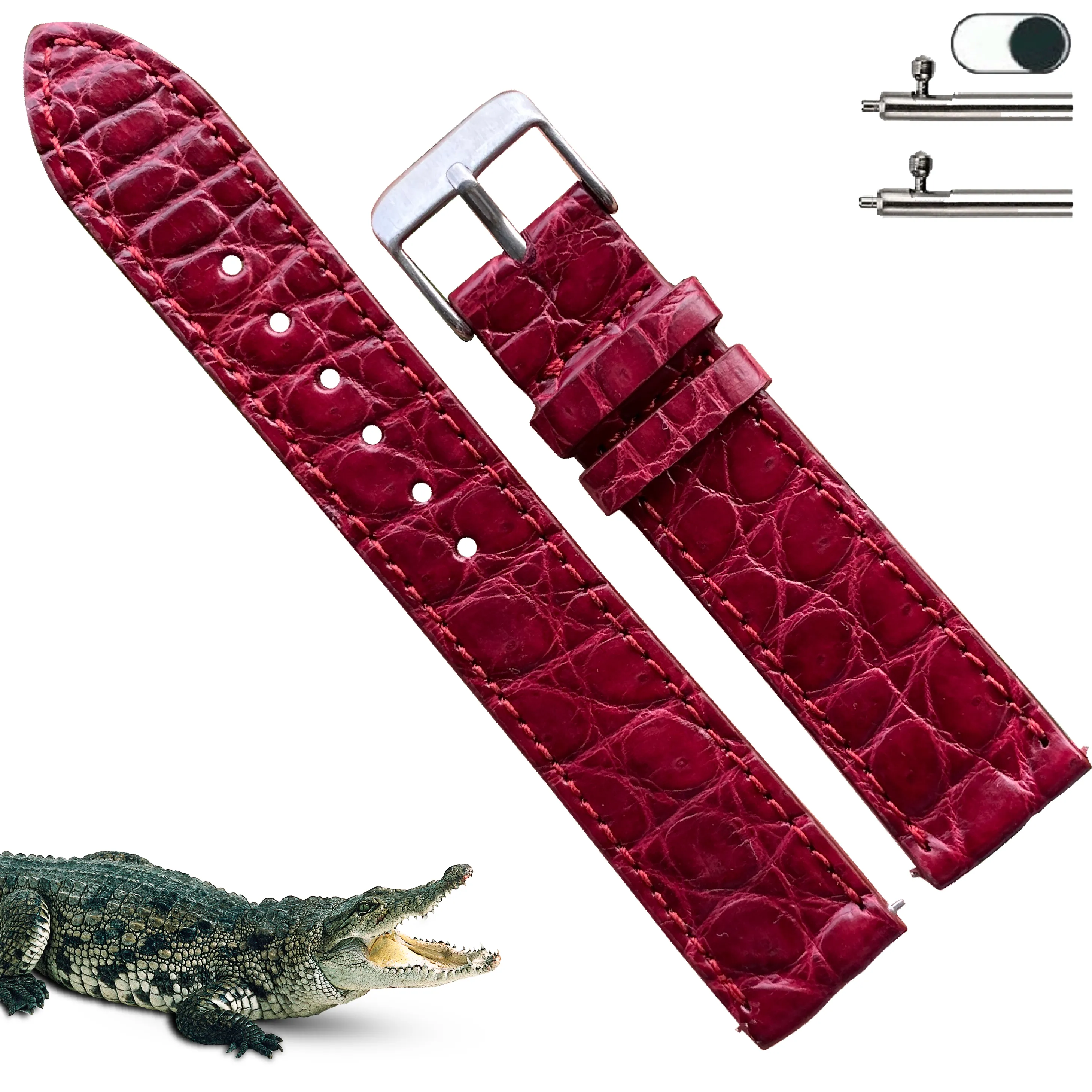 Burgundy Flat Alligator Leather Watch Band Men | No-Padding Crocodile Skin Replacement Watch Strap | DH-27