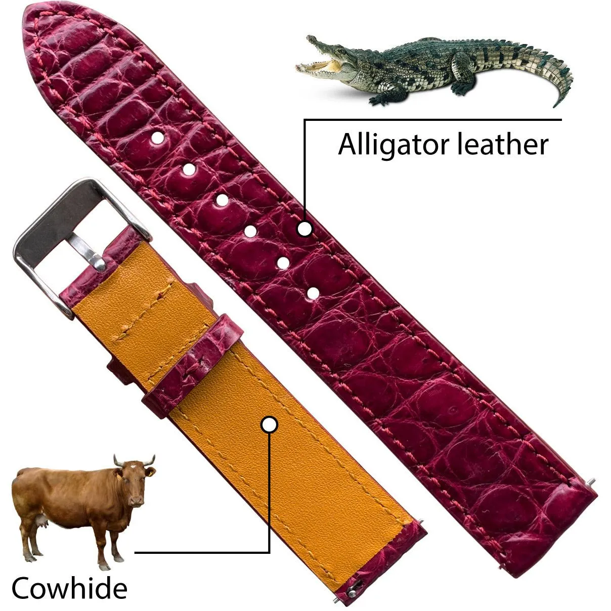 Burgundy Flat Alligator Leather Watch Band Men | No-Padding Crocodile Skin Replacement Watch Strap | DH-27