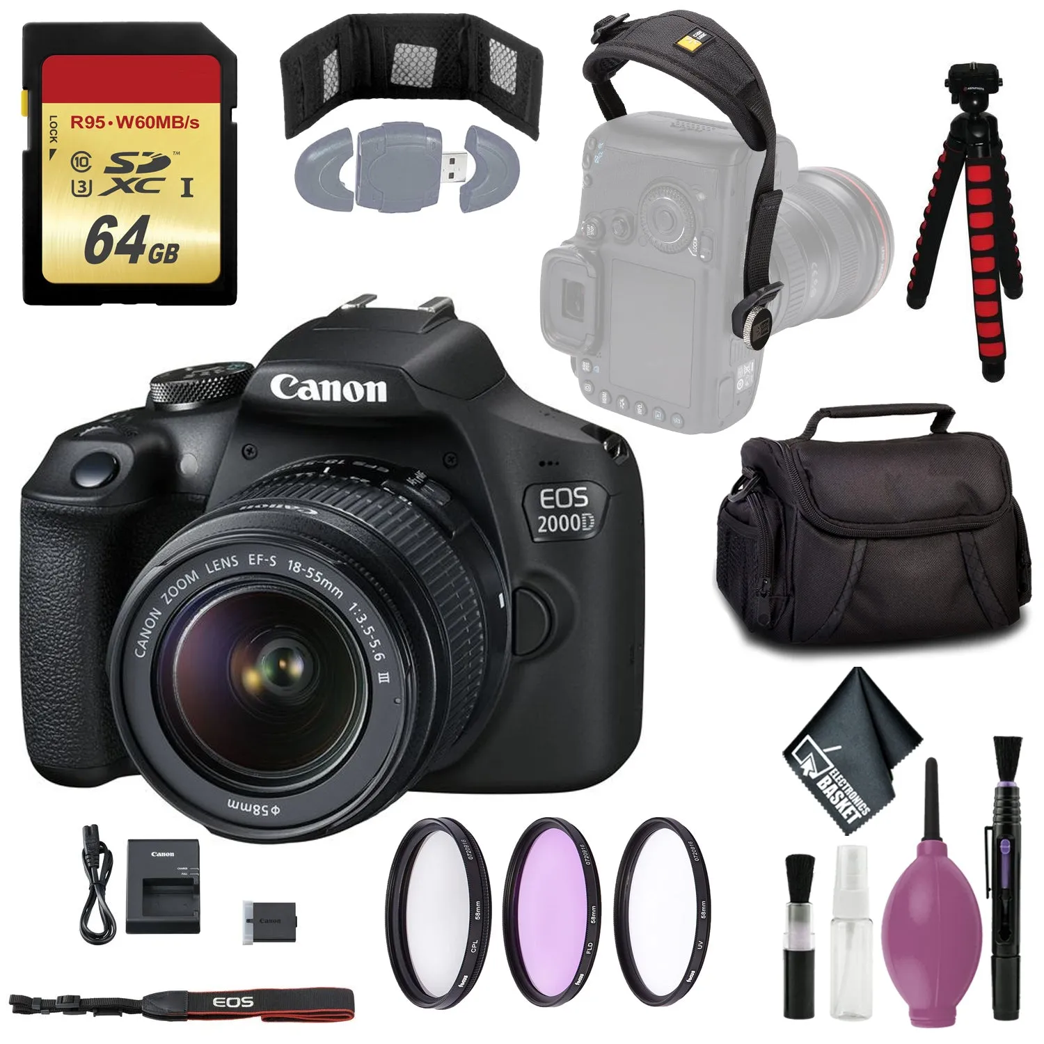 Canon EOS 2000D DSLR Camera & EF-S 18-55 mm f/3.5-5.6 IS II Lens: Black - Reader & Card Wallet - Hand Strap - 64GB - SOFT CASE