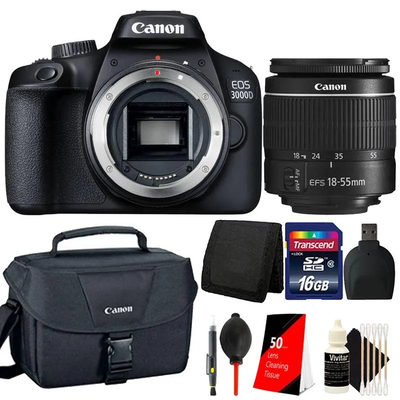 Canon EOS 3000D 18MP DSLR Camera   18-55mm lens   16GB Memory Card   Wallet   Reader   Lens Pen   Dust Blower   50 LEns Tissue   Camera case   3pc Cleaning Kit