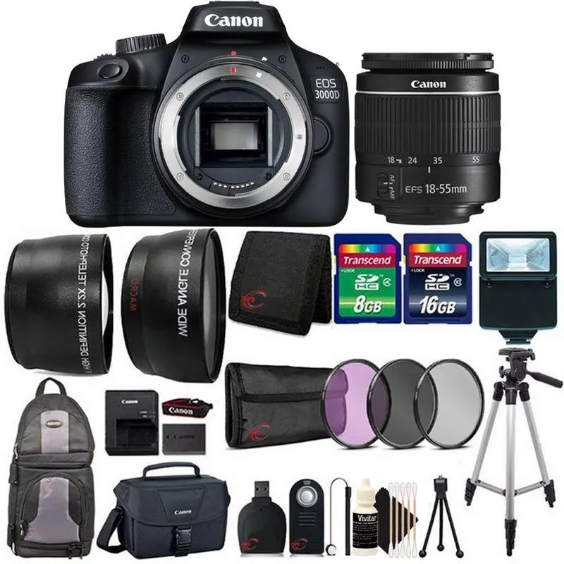 Canon EOS 3000D 18MP DSLR Camera   18-55mm lens   58mm Telephoto & Wide Angle Lens   3pc FilterKit  24GB Memory Card   Card Wallet   Card Reader   SlaveFlash   Backpack  Case  CleaningKit   Mini Tripod