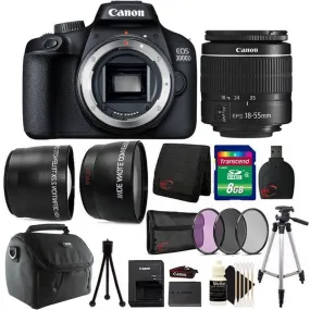 Canon EOS 3000D 18MP DSLR Camera   18-55mm Lens   58mm Telephoto & Wide Angle Lens   Filter Kit Lens   8GB Memory Card   Card Wallet   Card Reader   Case   Tall Tripod   Lens Cap Holder   Cleaning Kit   Screen Protector   Mini Tripod