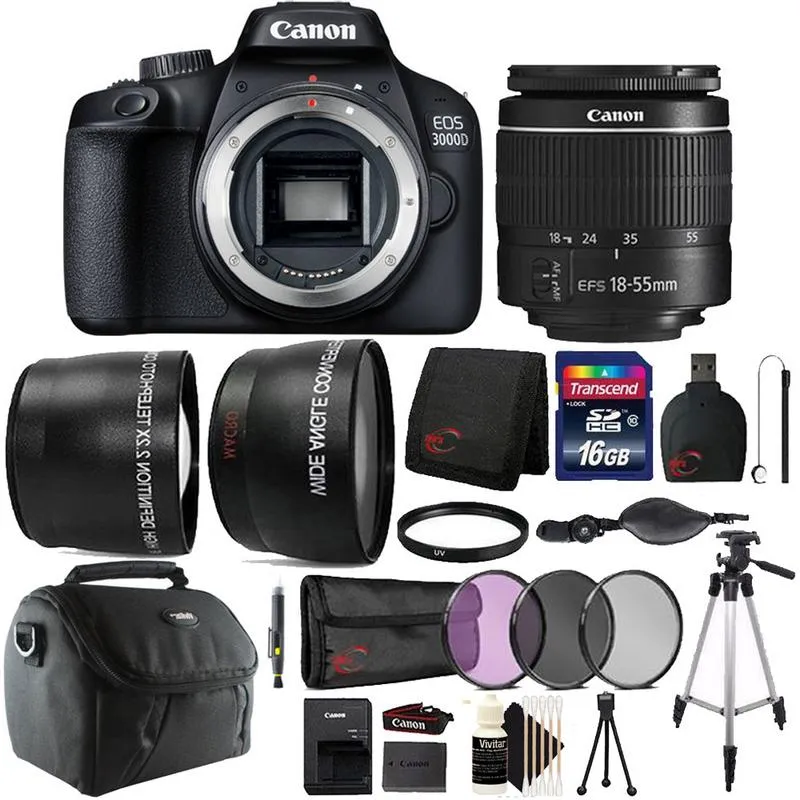 Canon EOS 3000D 18MP DSLR Camera   18-55mm Lens   58mm Telephoto & Wide Angle Lens   Filter Kit   UV Filter   16GB Memory Card   Card Wallet   Reader   Hand Grip   Lens Pen   Case   Lens Cap Holder   CleaningKit   Mini Tripod