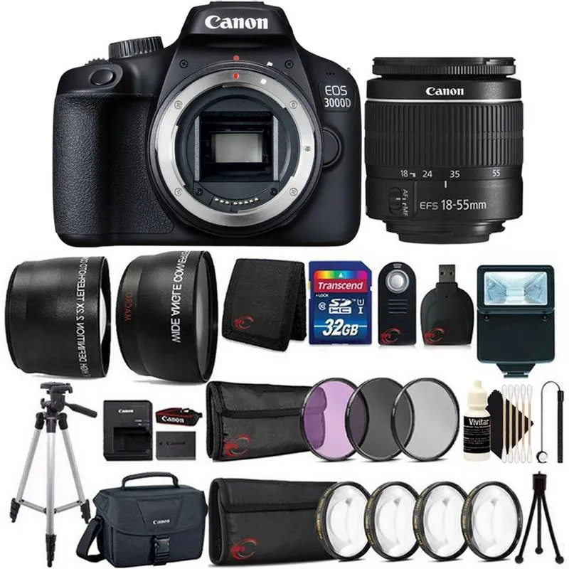 Canon EOS 3000D / T100 18MP Digital SLR Camera with EF-S 18-55 IS III Lens   All You Need Bundle