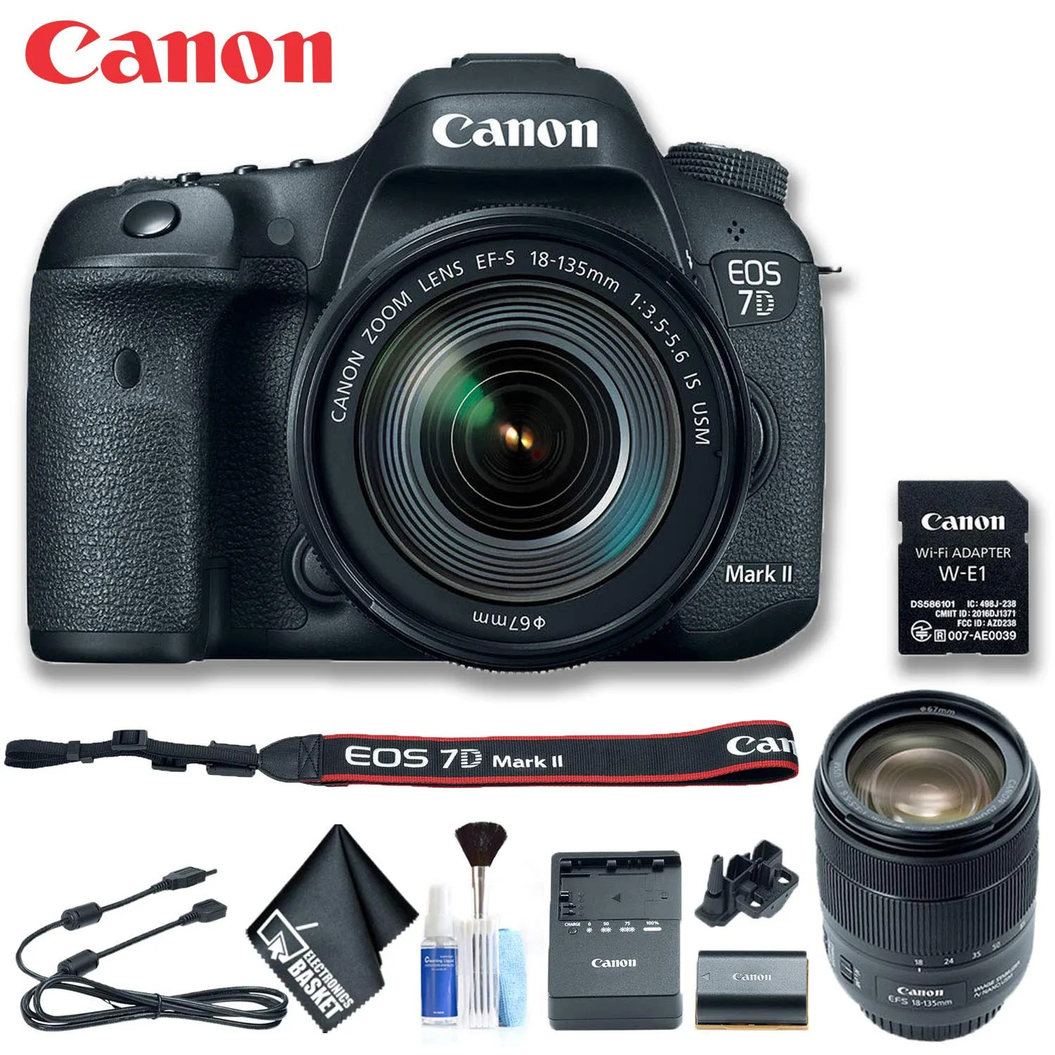 Canon EOS 7D Mark II DSLR Camera with 18-135mm f/3.5-5.6 IS USM Lens & W-E1 Wi-Fi Adapter (Intl Model) Basic Bundle