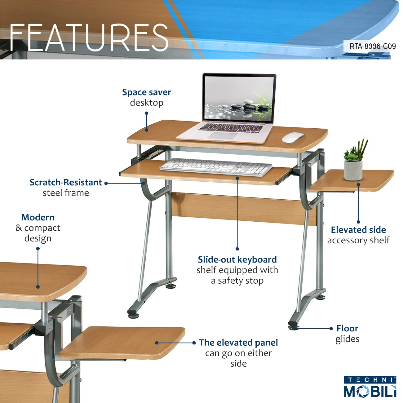 Compact Computer Desk With Side Shelf And Keyboard Panel