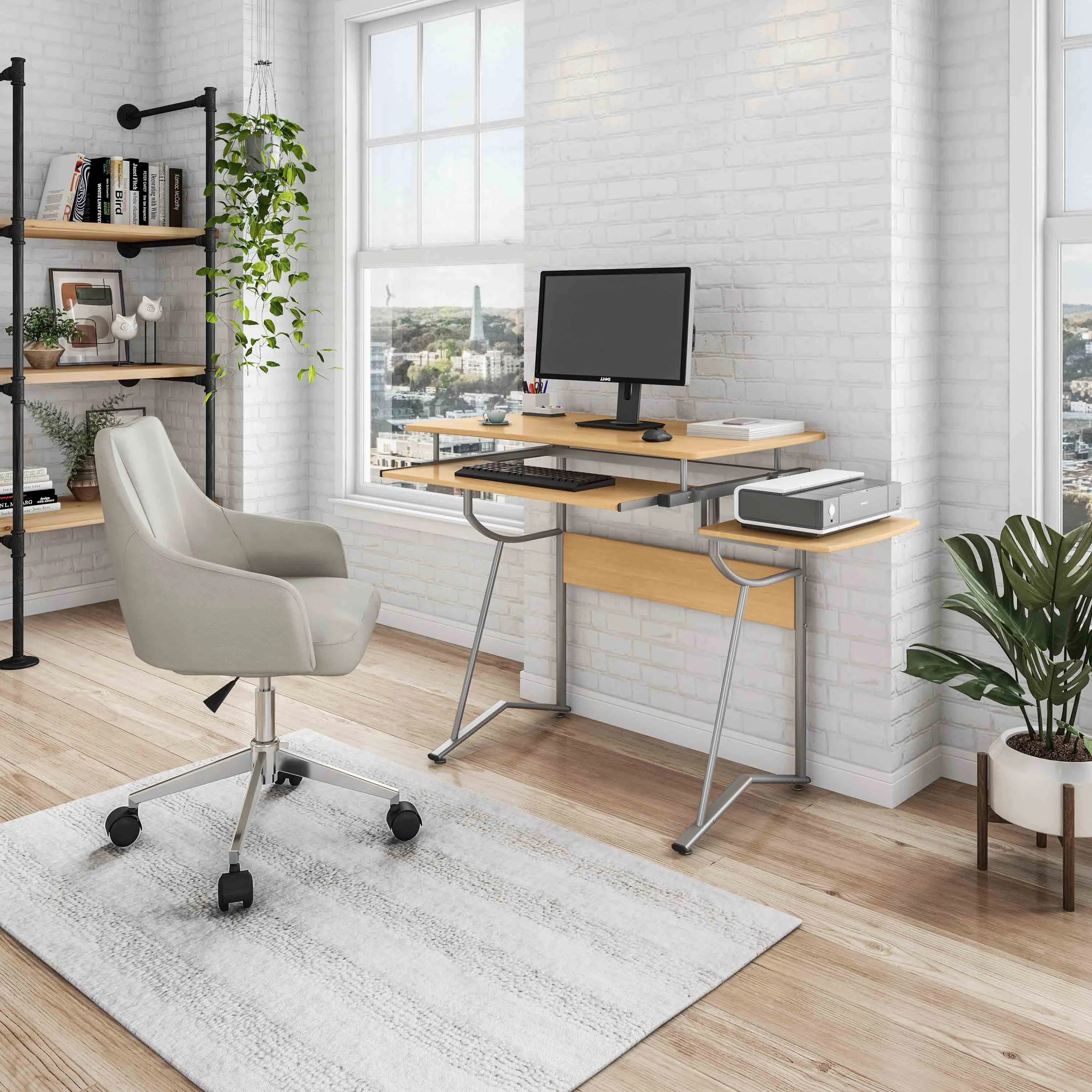 Compact Computer Desk With Side Shelf And Keyboard Panel