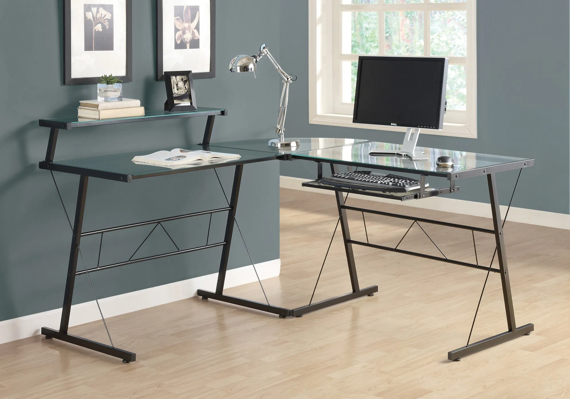 Computer Desk, Home Office, Corner, L Shape, Work, Laptop, Black Tempered Glass, Clear Tempered Glass, Contemporary, Modern