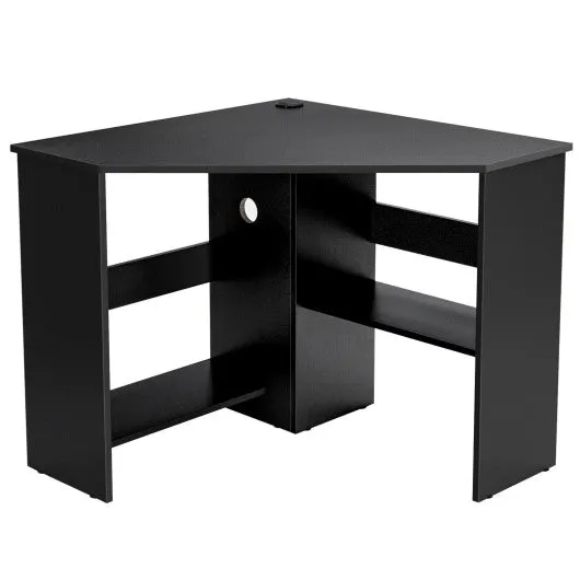 Corner Computer Desk Triangle Writing Workstation with Storage Shelf-Black