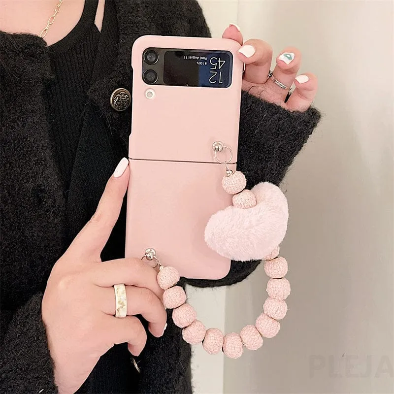 Cute Fluffy Heart Pompom Hand Rope Solid Phone Case For Samsung Z Flip 3