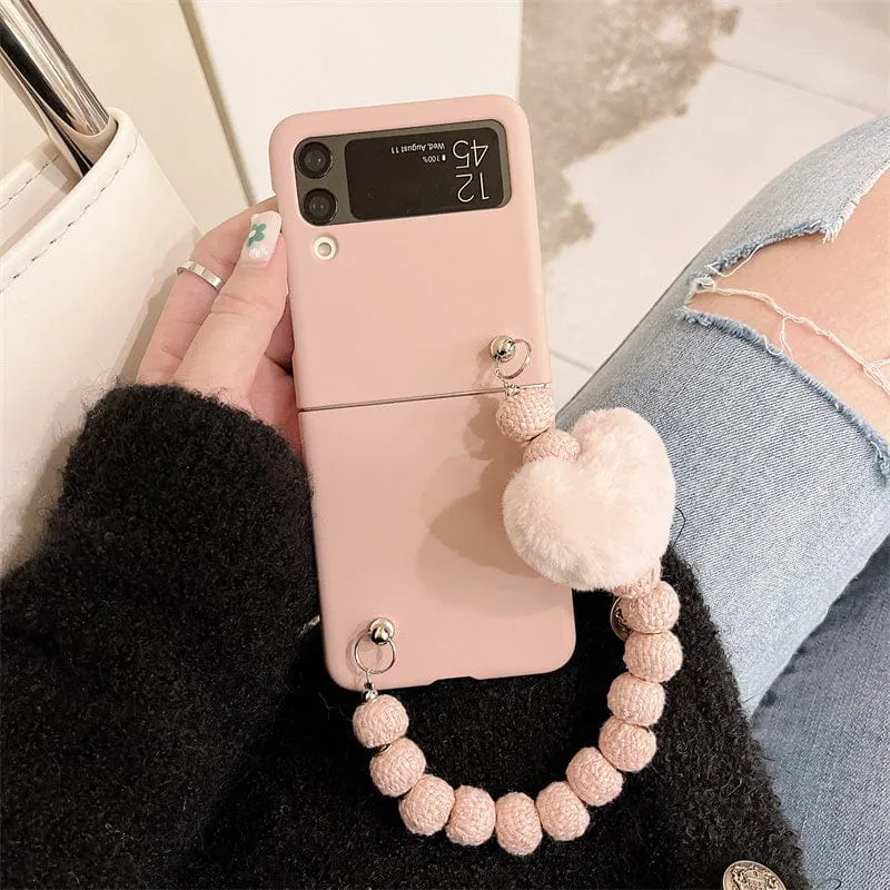 Cute Fluffy Heart Pompom Hand Rope Solid Phone Case For Samsung Z Flip 3