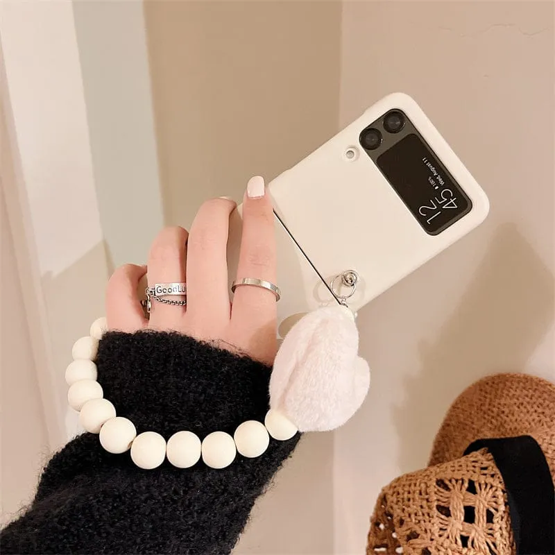 Cute Fluffy Heart Pompom Hand Rope Solid Phone Case For Samsung Z Flip 3