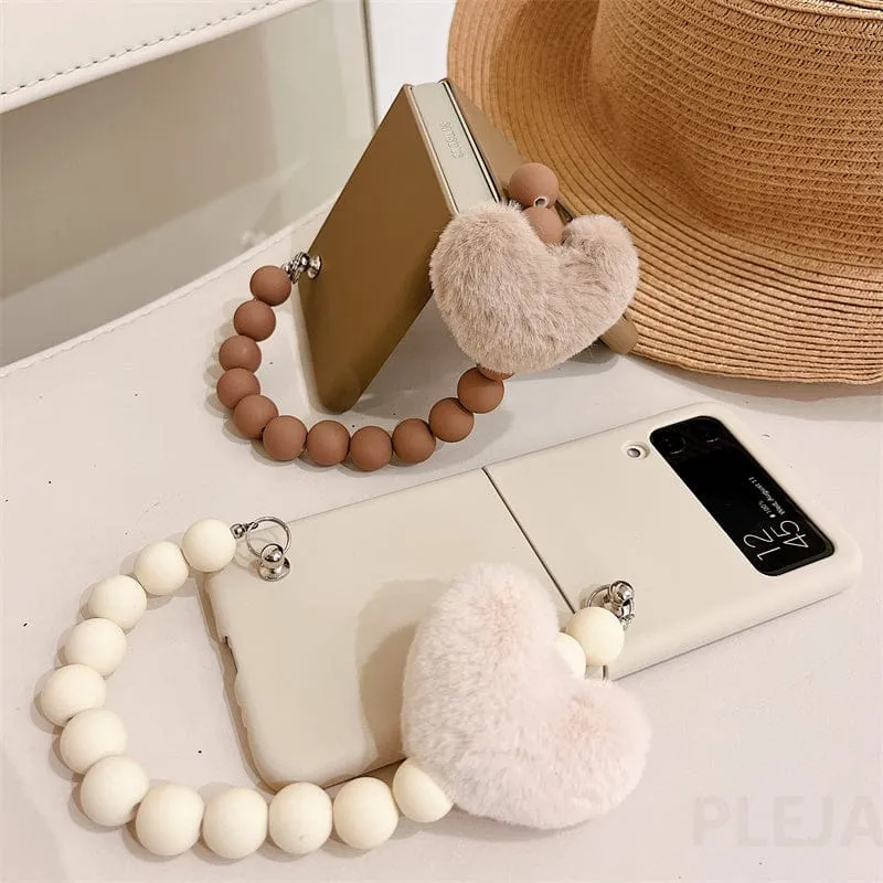 Cute Fluffy Heart Pompom Hand Rope Solid Phone Case For Samsung Z Flip 3