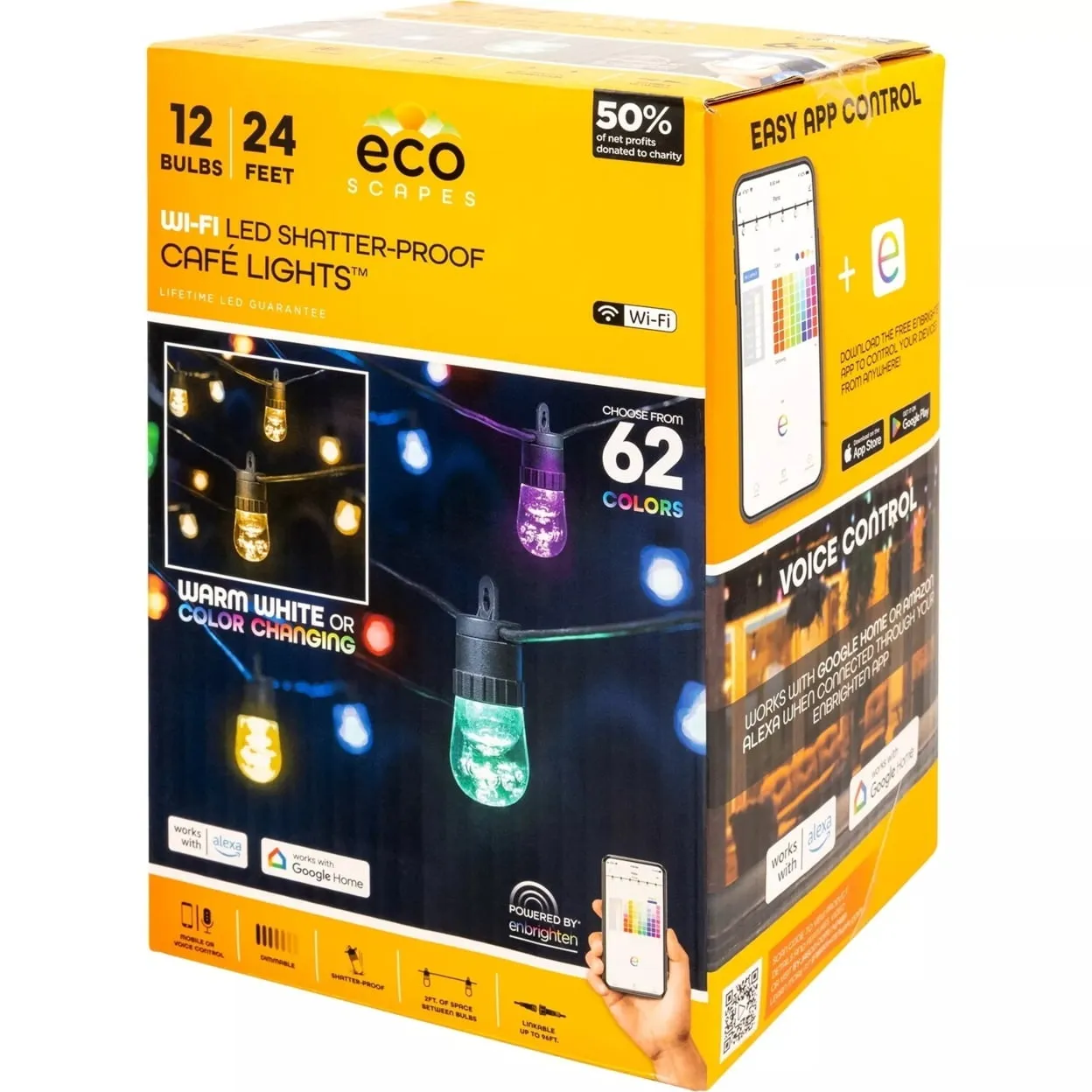 Ecoscapes 24 Feet Wi-Fi Color-Changing LED Cafe Lights, Compatible, (12 Bulbs)