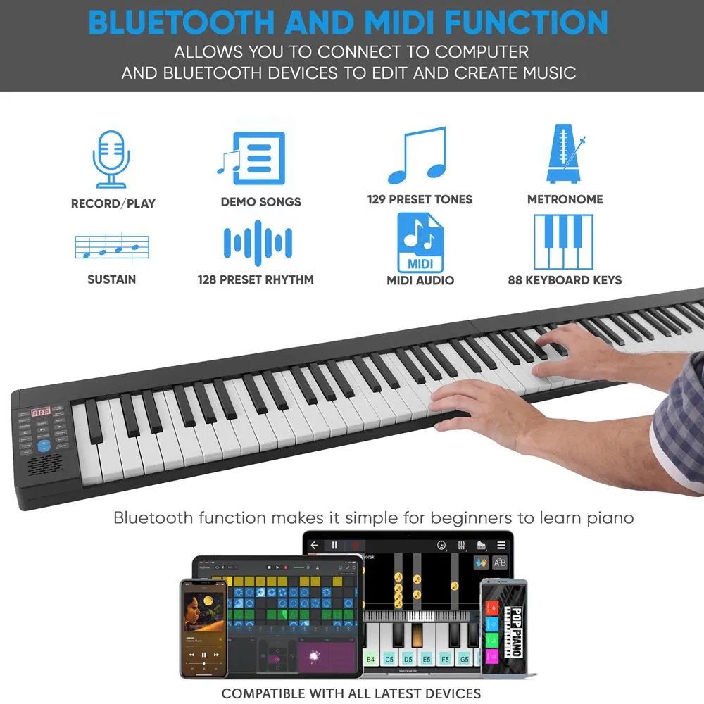 Electric Musical Piano Keyboard - Portable And Foldable Electronic Piano Keyboard With 88 Standard Keys And 129 Tones