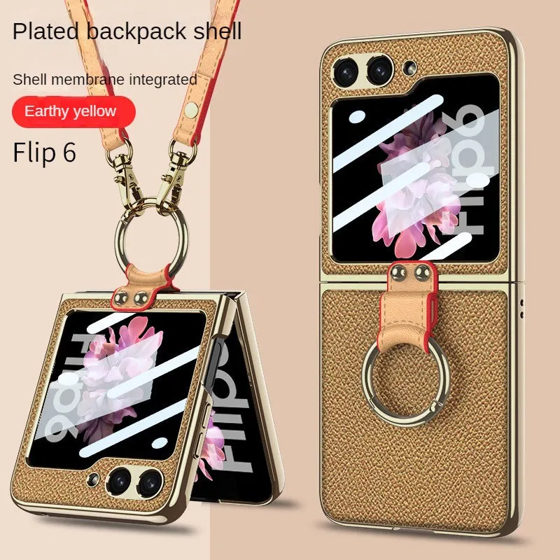 Electroplated Leather Strap Hard Case Back Screen Glass Ring Stand   For Samsung Galaxy Z Flip 6