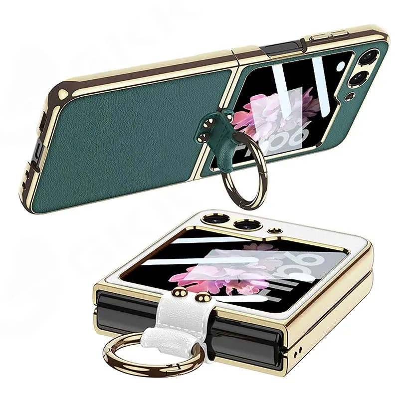 Electroplated Leather Strap Hard Case Back Screen Glass Ring Stand   For Samsung Galaxy Z Flip 6