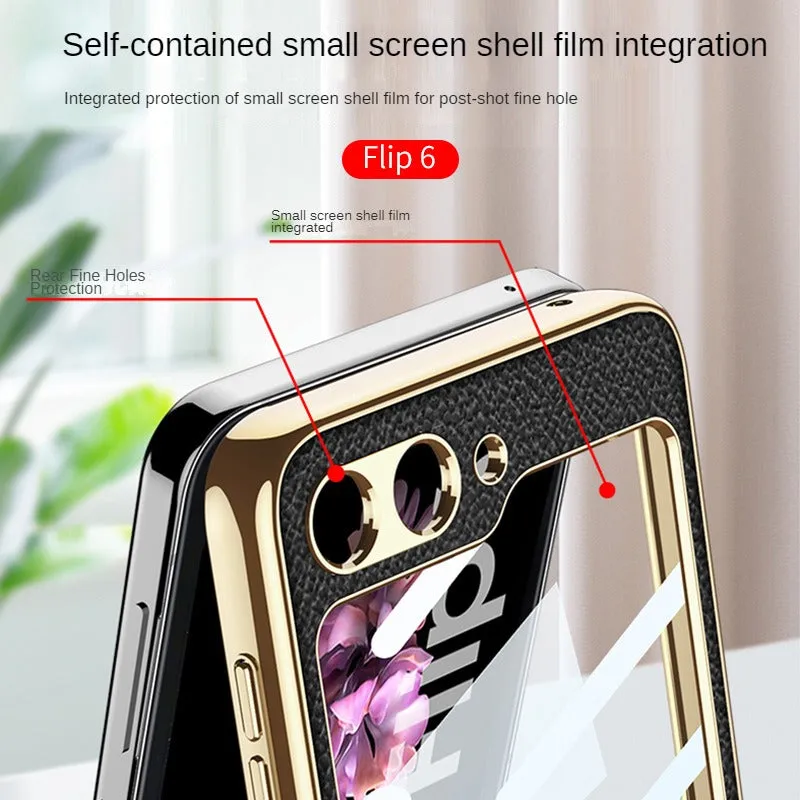 Electroplated Leather Strap Hard Case Back Screen Glass Ring Stand   For Samsung Galaxy Z Flip 6