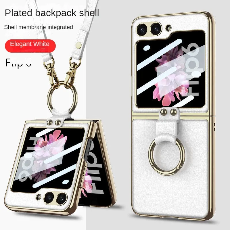 Electroplated Leather Strap Hard Case Back Screen Glass Ring Stand   For Samsung Galaxy Z Flip 6